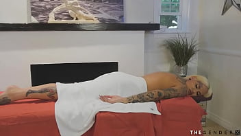 Inked Busty Shemale Gives Blowjob Before Breeded By Masseur free video
